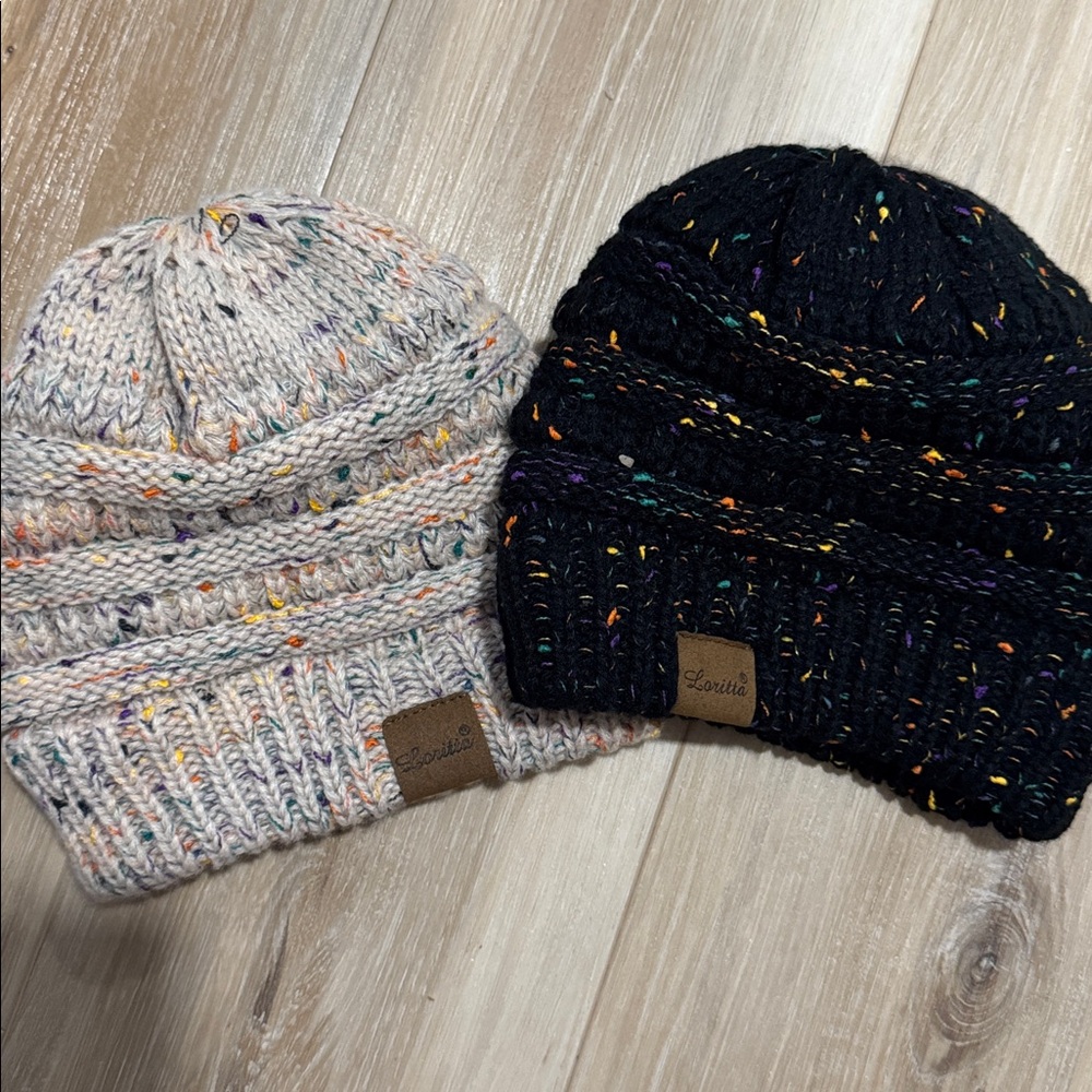 Speckled Knit Kids Beanie Duo - Black and Cream
